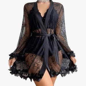 Elegant Black Lace Robe with Satin Trim